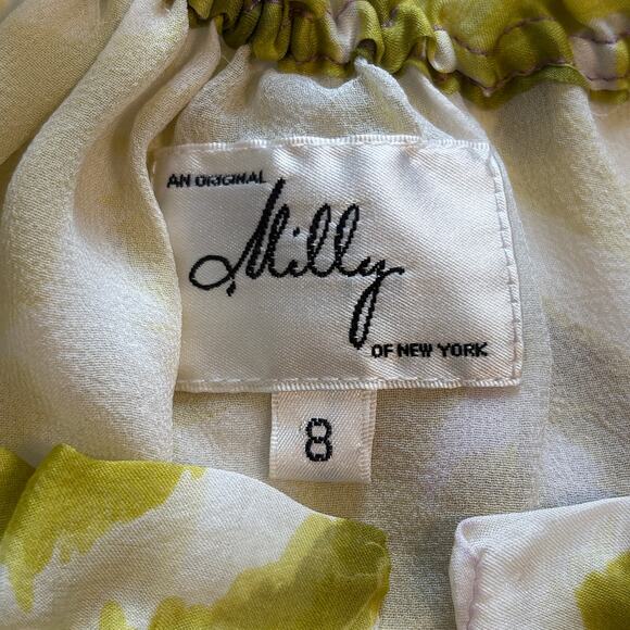 Milly 100% Silk Tie Neck Top Womens Size 8 Chartreuse Purple Ruffled Medium - Picture 4 of 7